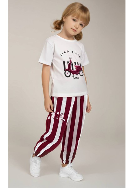 Kız Çocuk Scooter Üzeri Aplike Detaylı Tshirt ve Çizgili Jogger Alt Üst Takım
