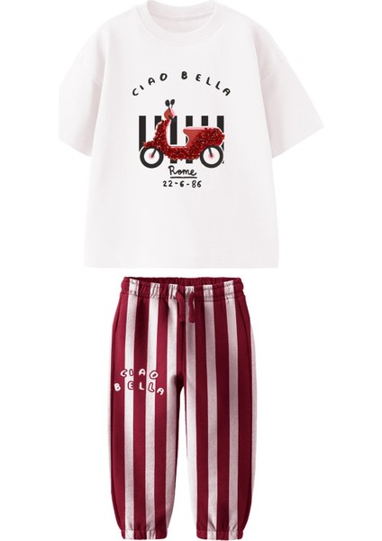 Kız Çocuk Scooter Üzeri Aplike Detaylı Tshirt ve Çizgili Jogger Alt Üst Takım fiyatları