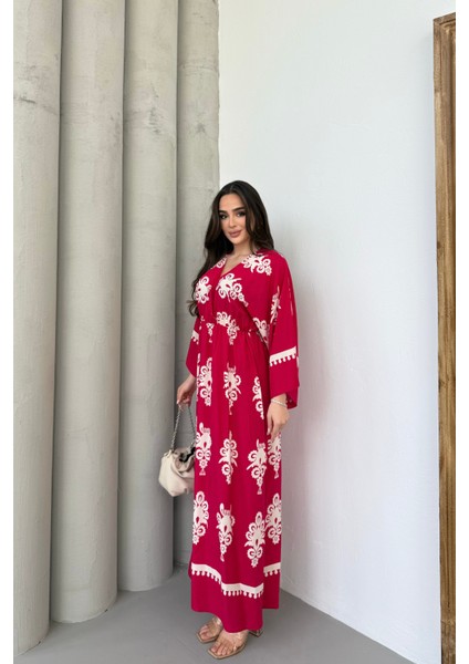 Etnik Desenli Viskon Uzun Kollu Fuşya Elbise fiyatları