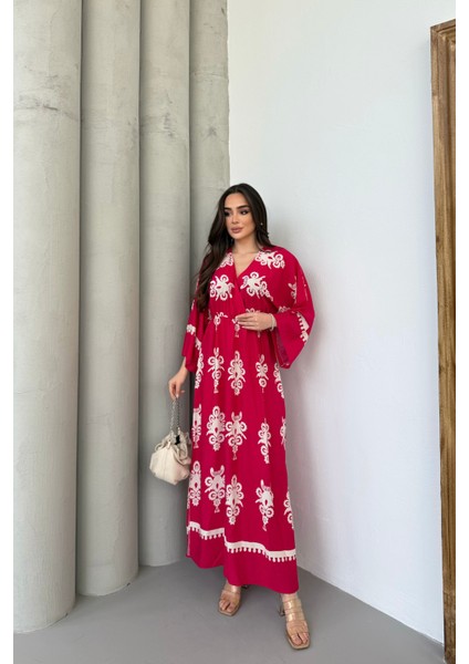 Etnik Desenli Viskon Uzun Kollu Fuşya Elbise modelleri