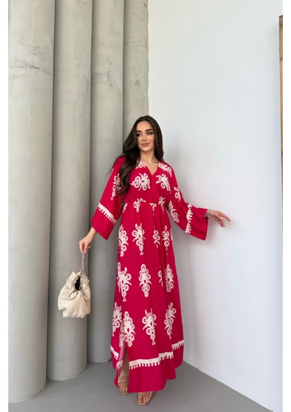 Etnik Desenli Viskon Uzun Kollu Fuşya Elbise fırsatları