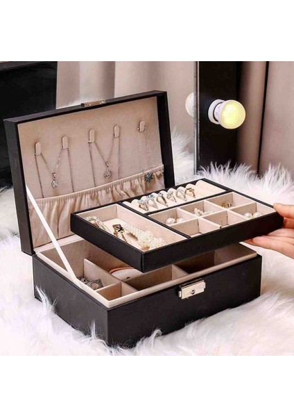 Siyah, Deri, 2 Katmanlı Takı Kutusu, Takı Düzenleyici, Organizer Takı Standı