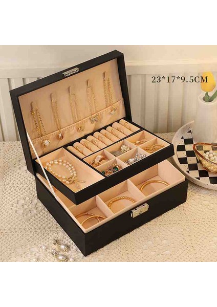 Siyah, Deri, 2 Katmanlı Takı Kutusu, Takı Düzenleyici, Organizer Takı Standı fırsatları