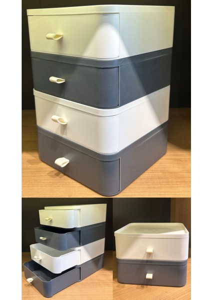 4'lü Gri ve Beyaz Renk Çekmece Masa Üstü Organizer Makyaj Takı Kutusu Aksesuar Düzenleyici