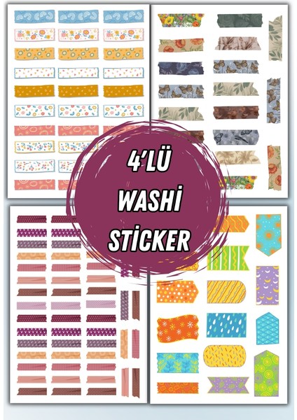 4 Lü Washi Sticker Seti / Bullet Journal Scrapbook Kolaj Için Uygun