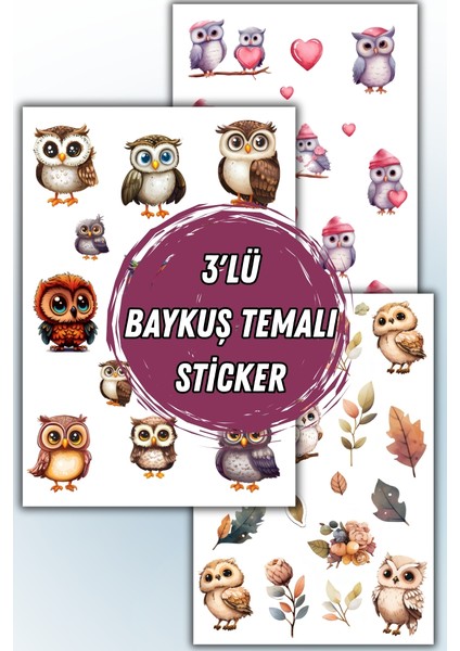 Baykuş Temalı 3 Lü Sticker Seti / Bullet Journal Scrapbook Kolaj Için Uygun