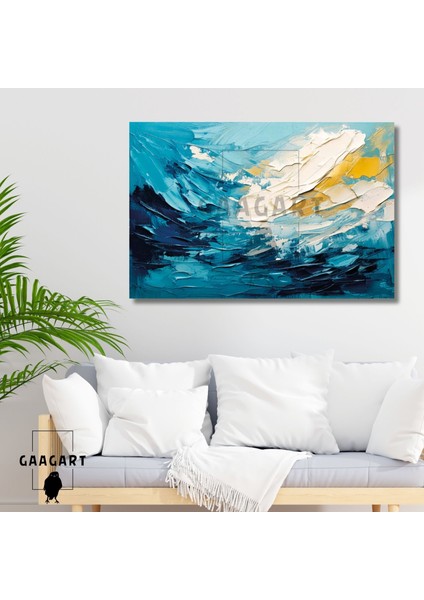 Tekli Yatay Kanvas Duvar Tablosu Soyut Mavi Yağlı Boya Deseni