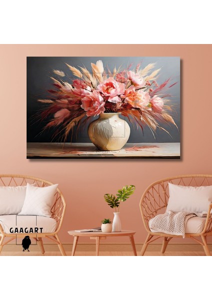 Tekli Yatay Kanvas Duvar Tablosu Vazoda Tüy ve Şakayık