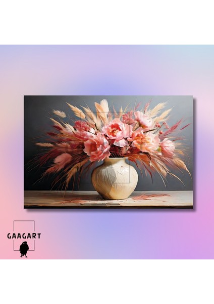 Tekli Yatay Kanvas Duvar Tablosu Vazoda Tüy ve Şakayık modelleri