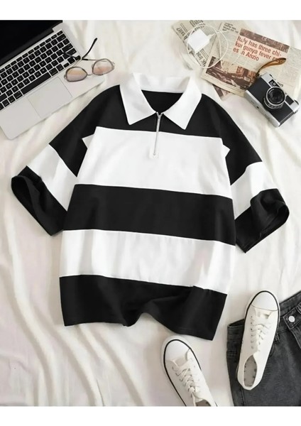 Unisex Çizgili Yarım Fermuarlı Polo Yaka T-Shirt