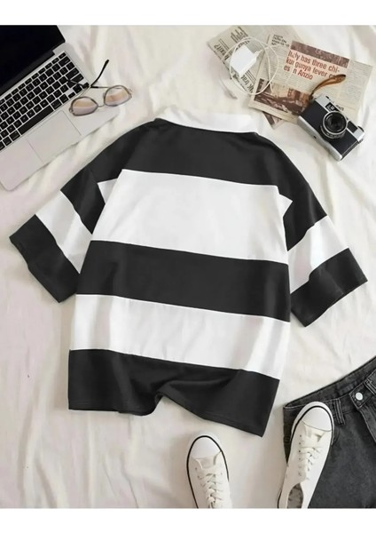 Unisex Çizgili Yarım Fermuarlı Polo Yaka T-Shirt