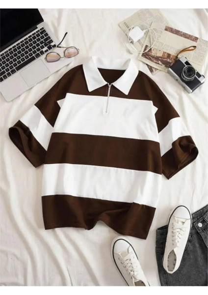 Unisex Çizgili Yarım Fermuarlı Polo Yaka T-Shirt