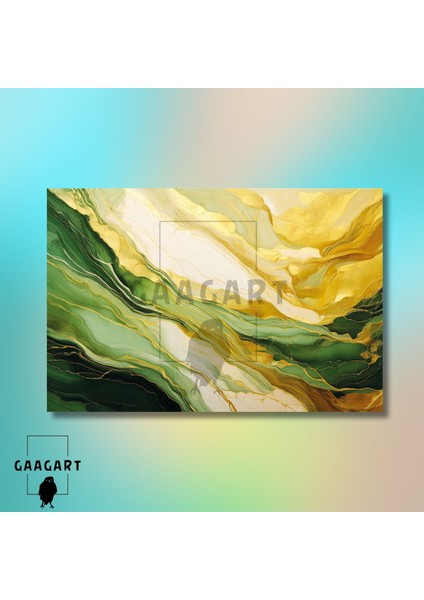 Tekli Yatay Kanvas Duvar Tablosu Soyut Yeşil Gold Mermer Deseni modelleri