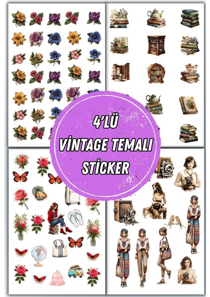 Nostalji Vintage Temalı 4 Lü Sticker Seti / Bullet Journal Scrapbook Kolaj Için Uygun