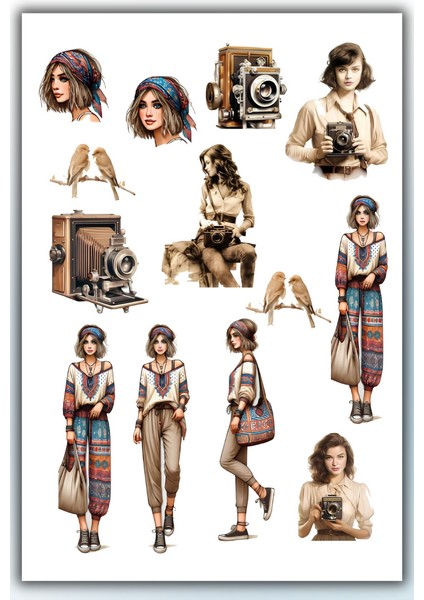 Nostalji Vintage Temalı 4 Lü Sticker Seti / Bullet Journal Scrapbook Kolaj Için Uygun