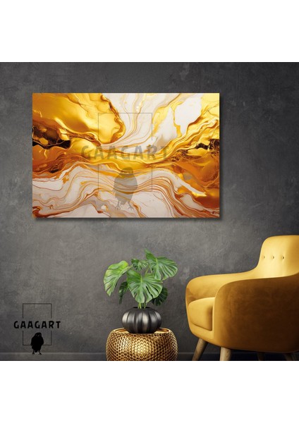 Tekli Yatay Kanvas Duvar Tablosu Soyut Gold Mermer Deseni