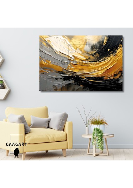 Tekli Yatay Kanvas Duvar Tablosu Soyut Siyah Gold Yağlı Boya Deseni