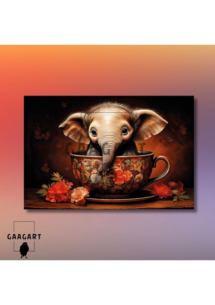 Tekli Yatay Kanvas Duvar Tablosu Fincanda Fil ve Çiçekler modelleri