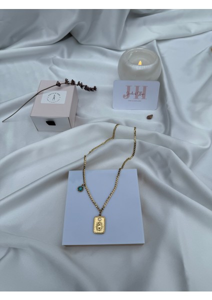 Mavi Taşlı Altın Renk Tarot Kolye 50 cm 316L Paslanmaz Çelik Kadın Kolye
