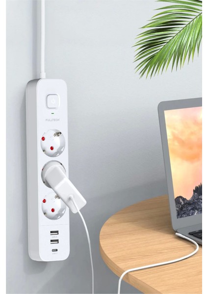 Akım Korumalı 3’lü Priz 2xusb 1xtype-C 3680W Girişli Uzatma Kablolu Priz FTR16