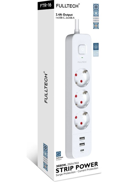 Akım Korumalı 3’lü Priz 2xusb 1xtype-C 3680W Girişli Uzatma Kablolu Priz FTR16