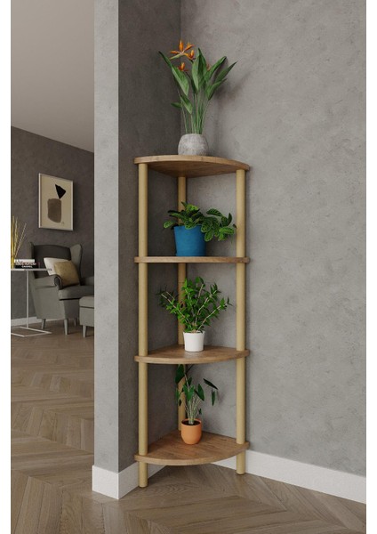 4 Katlı Köşe Raf – 29X29X105 cm – Ahşap Görünümlü Dekoratif Açık Kitaplık