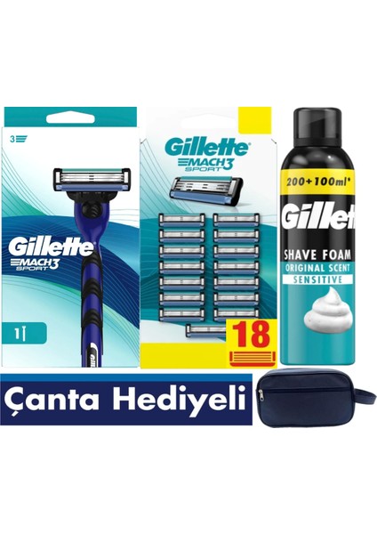 Mach3 Sport Makine + Mach3 Sport 18 Adet Bıçak Yedek +300ml Gillette Köpük+Seyahat Tıraş Çantası