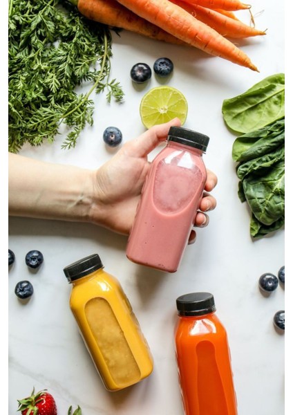 3 Adet Smoothie Detoks Şişesi Şeffaf Plastik Sızdırmaz Kapak Köşeli Meyve Suyu Şişesi 300 ml
