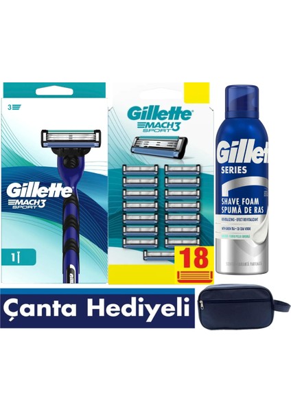 Mach3 Sport Aquagrip Tıraş Makinesi + Mach3 Sport 18 Adet Yedek Tıraş Bıçağı + Gillette 200 ml Köpük +Seyahat Çantası