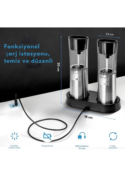 Elektrikli Tuz ve Karabiber Değirmeni Seti, Şarj Edilebilir, Devrilme Sensörlü, Paslanmaz Çelik