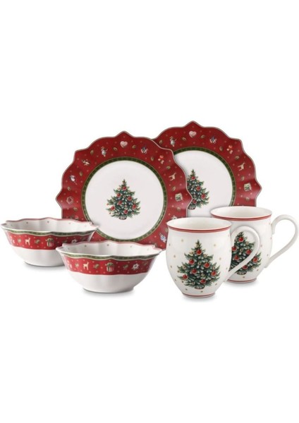Toy's Delight Kırmızı 2 Kişilik Kahvaltı Seti - Premium Porselen Noel Koleksiyonu 6 Parça