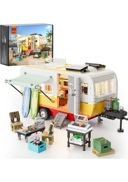 Motorhome Işıklı Yapı Blokları Seti, 1325 Parça, Klasik Karavan, LED Işık, Sahil Kampı Modeli