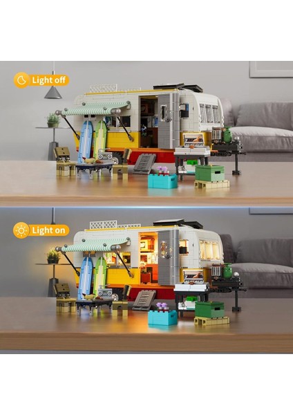 Motorhome Işıklı Yapı Blokları Seti, 1325 Parça, Klasik Karavan, LED Işık, Sahil Kampı Modeli