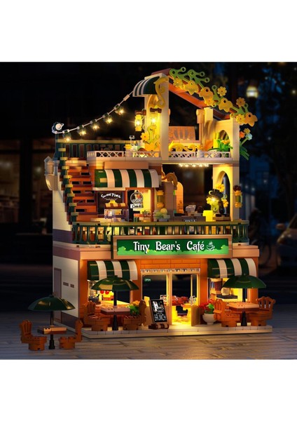 LED Işıklı Şehir Kahve Evi Yapı Blokları, 1173 Parça Kafe Model Seti