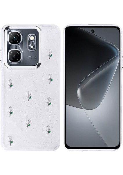 Infinix Smart 9 Kılıf Kabartmalı Desenli Simli Şeffaf A+ Kalite Kapak