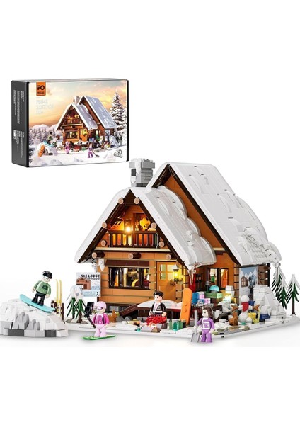 Christmas Ski House Işıklı Yapı Blokları Seti, 2187 Parça, Kar Evinde Kayak ve Noel Partisi Sahnesi