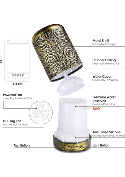 100 ml Metal Aroma Difüzörü, 7 Renk Işık, Zamanlayıcılı, Sessiz ve Otomatik Kapanmalı modelleri