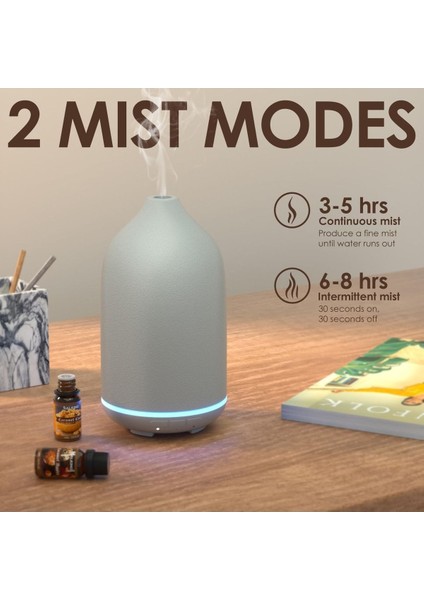 Gri Seramik Aromaterapi Difüzörü, 150 Ml, Sessiz, Otomatik Kapanma Özellikli