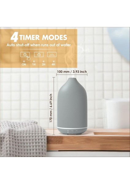 Gri Seramik Aromaterapi Difüzörü, 150 Ml, Sessiz, Otomatik Kapanma Özellikli