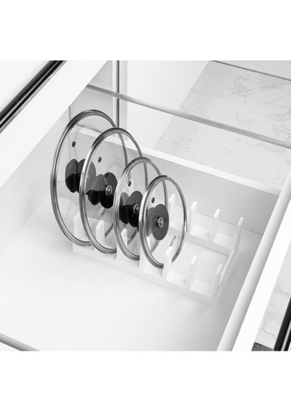 6 Bölmeli, Beyaz, 2 Adet, Düzenleyici, Çok Amaçlı Plastik Tabak, Tava, Tencere Kapağı Düzenleyici