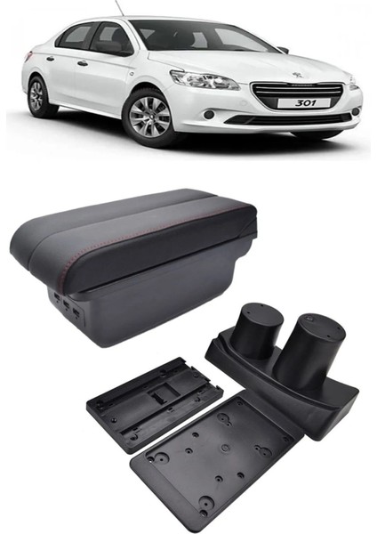 Peugeot 301 2014-2016 Delmesiz Kol Dayama Kolçak Usb+Çift Açılır Siyah Dikişli