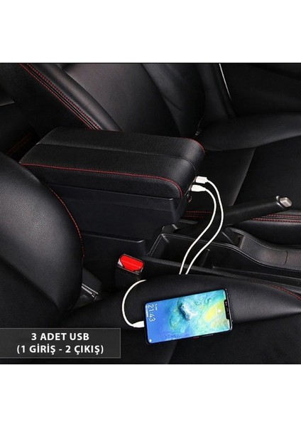 Peugeot 301 2014-2016 Delmesiz Kol Dayama Kolçak Usb+Çift Açılır Siyah Dikişli