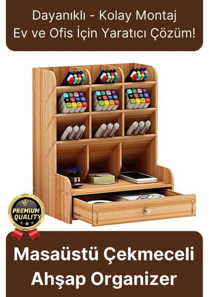 Premium Demonte Ev Ofis Masaüstü Çapraz 9 Bölmeli Kalemlik Çekmeceli Ahşap Organizer Düzenleyici