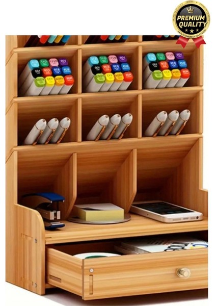 Premium Demonte Ev Ofis Masaüstü Çapraz 9 Bölmeli Kalemlik Çekmeceli Ahşap Organizer Düzenleyici fırsatları
