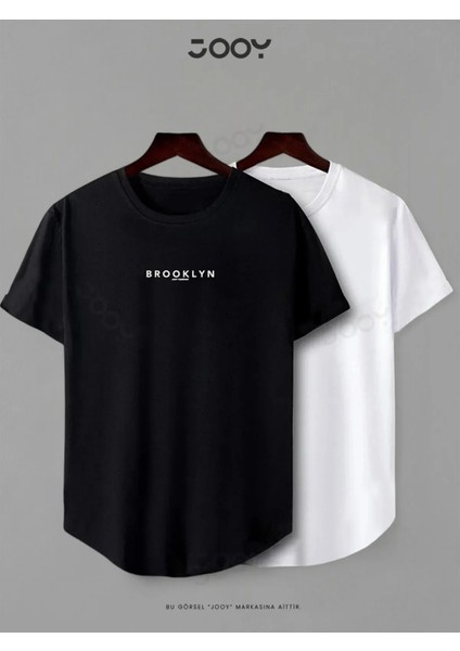 Brooklyn Jc Baskılı Siyah Beyaz Oval Kesim Tshirt 2'li