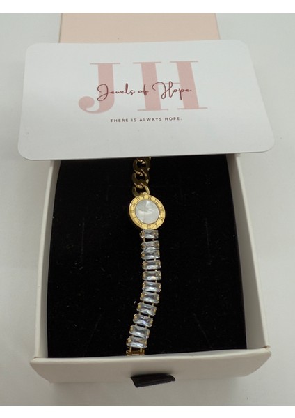 Zirkon Taşlı Altın Rengi Curb Zincir Bileklik 19 cm 316L Paslanmaz Çelik Kadın Bileklik