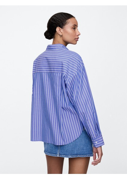 Kadın Mavi Çizgili Oversize Poplin Big Gömlek