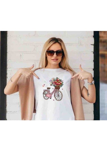 Çiçekli Bisiklet Baskılı Özel Tasarım Oversize Tshirt
