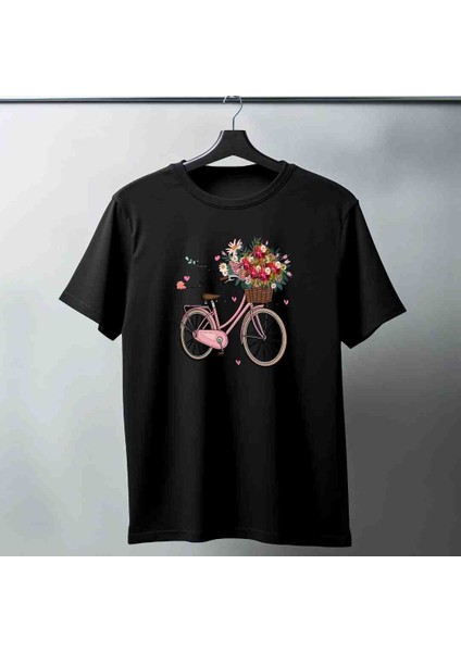 Çiçekli Bisiklet Baskılı Özel Tasarım Oversize Tshirt