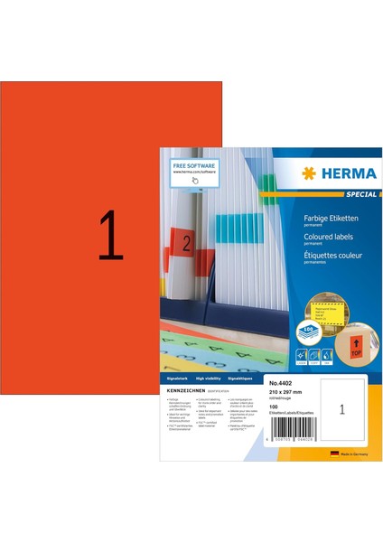 4402 Renkli Etiket Dın A4 210 x 297 Mm, 100 Yaprak, Kağıt, Mat Kendinden Yapışkanlı, Yazdırılabilir, Kalıcı Yapışkan Renkli Etiketler, 100 Yapışkan Etiket, Kırmızı